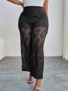 SHEIN PETITE CURVE Pantaloni dritti con vita elastica e stampa floreale in pizzo, taglie comode per donne