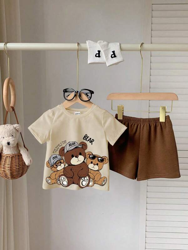 SHEIN 男婴短袖圆领T恤和短裤套装，夏季时尚