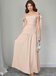 Pitira 少女优雅蝴蝶结露肩露肩派对礼服/休闲优雅伴娘、婚礼宾客、舞会礼服，适合春、夏、秋、冬 - 杏色 - 查看 3