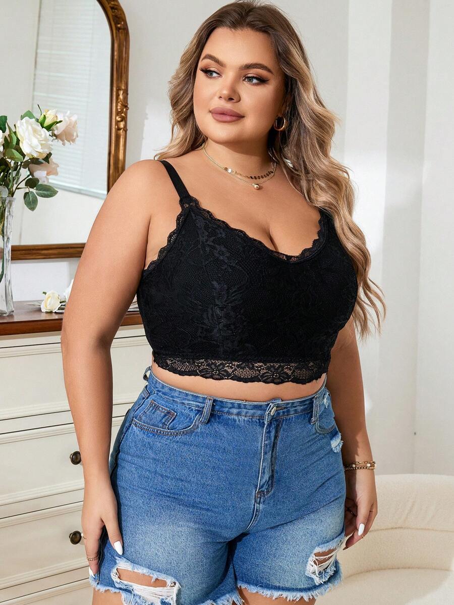 SHEIN 1pc Plus Size Lace Patchwork Wireless Bra - Black - View 1