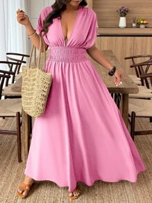 EMERY ROSE 大码休闲纯色深V领侧开衩连衣裙，节日风格 - 粉色 - 查看 5