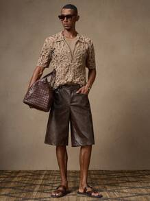 AKNOTIC Men's Coffee Brown Leather Shorts, Woven Fabric, Fashionable Casual Loose Elastic Waist Straight Cut Leather Shorts, Suitable For Summer, Vacation, Daily Wear, Party, Couple Matching, Men's Gift, School - Coffee Brown - View 1