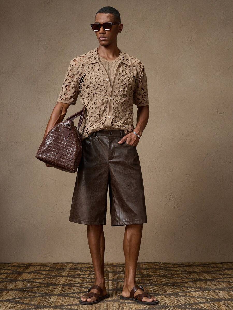 AKNOTIC Men's Coffee Brown Leather Shorts, Woven Fabric, Fashionable Casual Loose Elastic Waist Straight Cut Leather Shorts, Suitable For Summer, Vacation, Daily Wear, Party, Couple Matching, Men's Gift, School - Coffee Brown - View 1