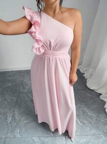 Elenzga Plus Size Women Elegant Asymmetric Floral Decor Shoulder High Cinched Waist Formal Occasion Long Dress, Pink, Spring/Summer - Pink - View 3