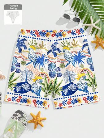 Manfinity Chillmode 时尚休闲热带植物花卉鹦鹉图案印花年轻男士泳裤，速干网眼衬里游泳短裤，适合夏季海滩度假派对，情侣装，送给男朋友的绝佳礼物