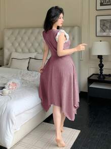 Women's V-Neck Contrast Color Rib Knit Elegant Lace Sleepwear Holiday Season - Pink - View 2