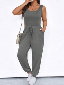 SHEIN LUNE Plus Size Solid Color Crew Neck Sleeveless Jumpsuit With Pockets, Casual For Summer - Dark Grey - View 5