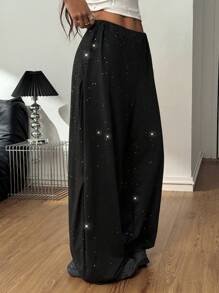 SHEIN EZwear Women's Summer Concert Rave Party Hippie Sequin Straight Pants - Black - View 3