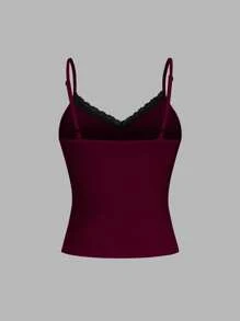 SHEIN Unity 性感V领蕾丝边开衩吊带背心两件套 - 酒紅色 - 查看 4