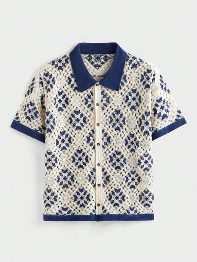 EASEVO Plusstorlek herr, urholkad jacquardstickad kortärmad kofta, för höst/vinter