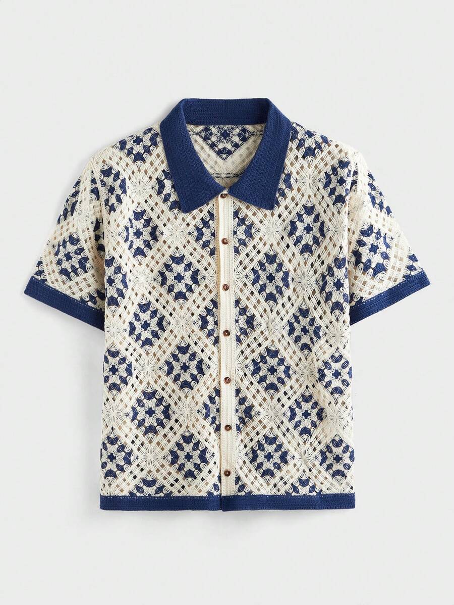 EASEVO 大码男士镂空提花针织短袖开衫，适合秋冬