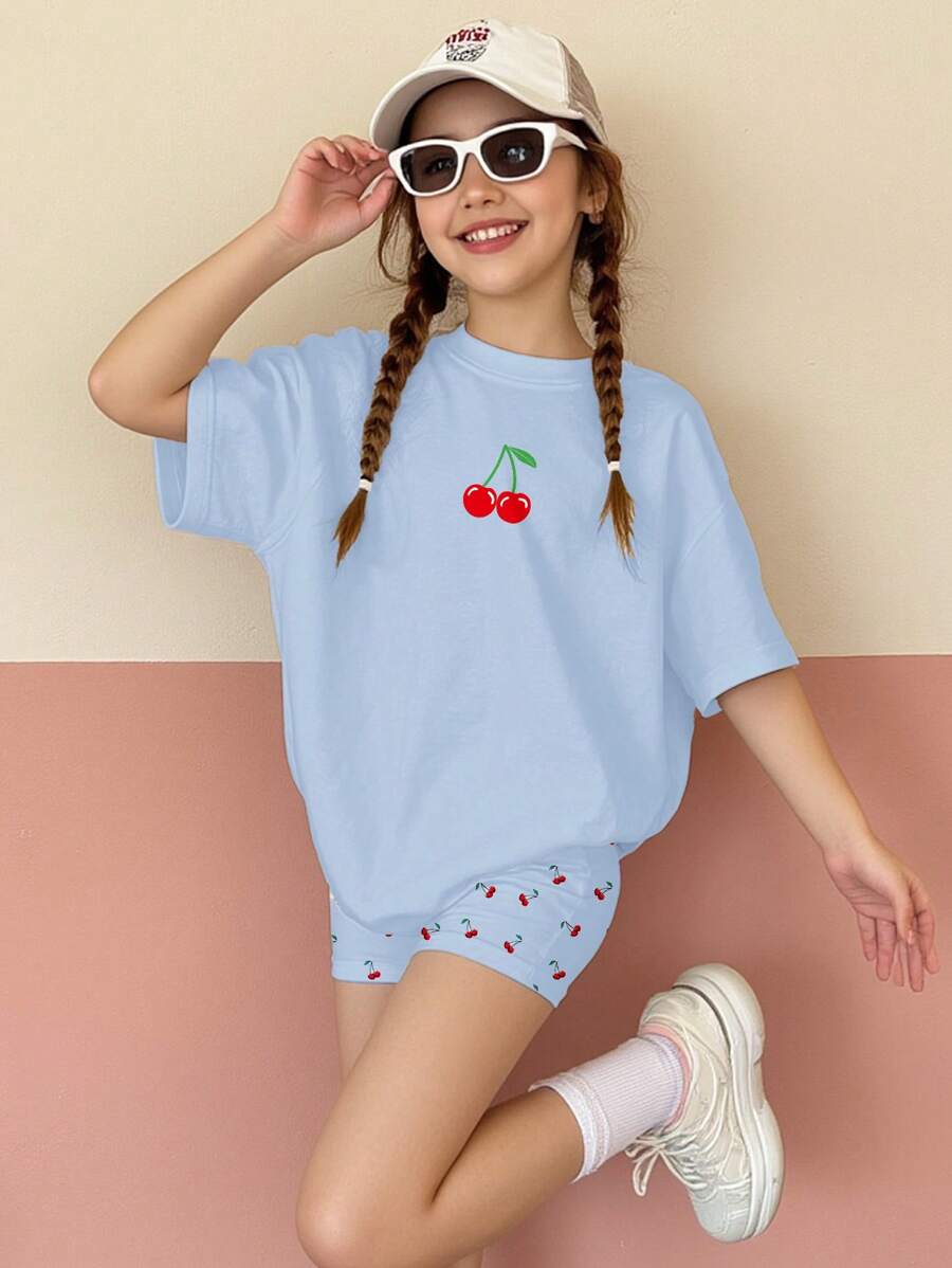 SHEIN Leap Crew 2 件青少年女孩休闲简约短袖 T 恤和短裤套装,适合夏季 - 彩色 - 查看 1