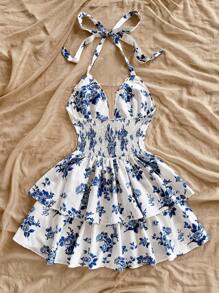 Soleia Váy in họa tiết màu nước cổ điển xanh trắng cỡ lớn trang trí phía trước cho phụ nữ - Xanh và trắng - Xem 2