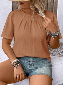 Plus Size Casual Solid Color Fashion Shirt, Suitable For Summer - Brown - View 5