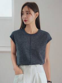 Dazy-Less 女士纯色拼布短袖圆领休闲T恤，夏季商务休闲女装 - 藏蓝色 - 查看 3