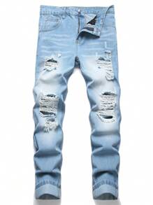 Manfinity Homme Celana Jeans Pria Polos dengan Saku Sobek, Model Kasual, dan Potongan Meruncing. - Light Wash - View 2