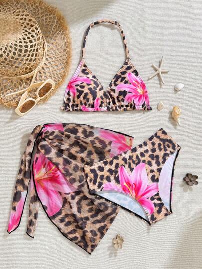 SHEIN Tonårsflickor leopardmönster och liljeblommig 3-delad baddräkt, moderiktig avslappnad elegant badkläder lämplig för bad, semester, sommarbaddräkter för tonåringar toppdambaddräktsset sommarbaddräkter 1 st för tonårsflickor strandset baddräkter för kvinnor