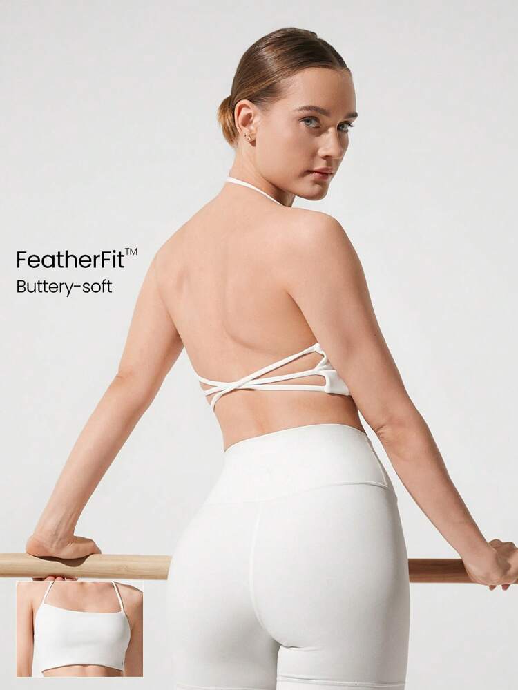 FeatherFit™ Ready Set Flow Halter Square-Neck Crossover Back Straps Sports Bra Low Impact Yoga Pilates Studio Daily Casual Wear Removable Cups