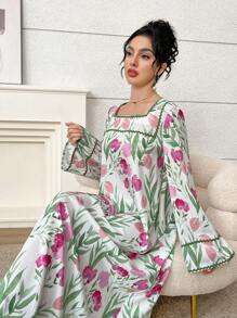 Yasmyna 女士花卉印花方领优雅长袖土耳其和阿拉伯传统卡夫坦，端庄 - 彩色 - 查看 1