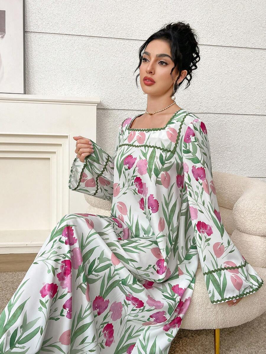 Yasmyna 女士花卉印花方领优雅长袖土耳其和阿拉伯传统卡夫坦，端庄 - 彩色 - 查看 1