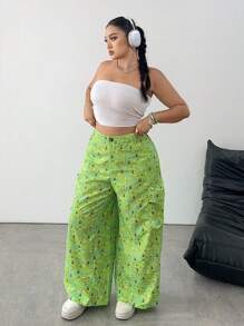 POPSWAY Plus Size Baggy Pants, Summer, Vintage American Style Green Ditsy Floral Multi-Pocket Cargo Pants, Unique Design Casual Trousers For Spring & Summer Fall Cloth For Women - Green - View 7