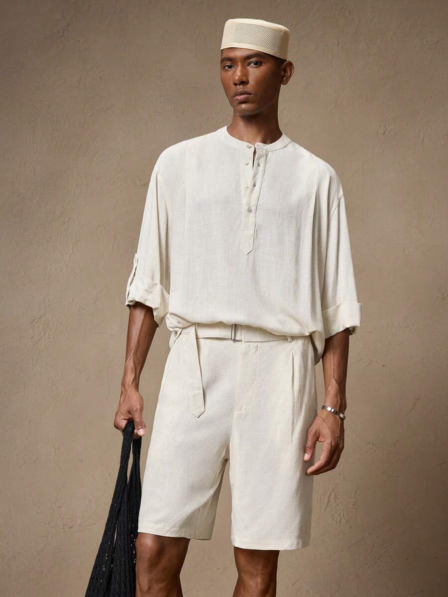 AKNOTIC Business Casual 2 件男士亚麻编织休闲宽松短袖亨利领衬衫和松紧腰直筒短裤套装，适合夏季、度假、日常穿着、派对、情侣装、父亲节礼物 - 米色 - 查看 1