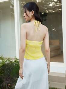 SHEIN LUNE Women Floral Textured Ruched Bandeau Crop Top Tube Top - Yellow - View 2
