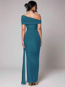 Silquee 女式纯色长裙、性感优雅黑色不对称荷叶边连衣裙、黑色长裙、自然腰身连衣裙、正式连衣裙、针织连衣裙、度假连衣裙、海滩度假连衣裙、约会连衣裙、超长连衣裙、黑色荷叶边下摆连衣裙、黑色腰带连衣裙 - 水鴨藍 - 查看 2