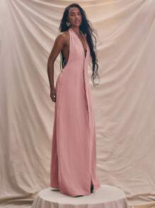 MUSERA Đầm maxi cổ yếm khoét sâu, đường may giữa, lưng khoét sâu, thích hợp cho mùa xuân hè, đi biển, trang phục thanh lịch, dự tiệc cưới, kỳ nghỉ ở Ibiza, mùa thu, hẹn hò sang trọng, mùa thu, lễ Phục sinh. - Bụi hồng - Xem 2
