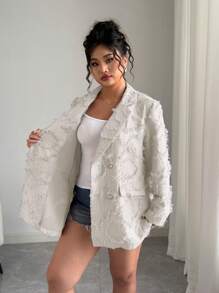 SHEIN Unity Plus Size Women"S Fashion Jacquard Oversize Lapel Double Breasted Metal Button Detail Loose Blazer Jacket - Apricot - View 7