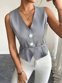 Gloray Summer Casual Solid Color Lace-Up Top - Grey - View 3