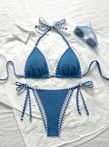 Swim Mod Conjunto de bikini azul de 2 piezas para mujer con volantes y tirantes de tela jacquard de unicolor para el verano