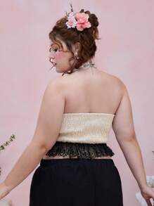 ROMWE Kawaii Plus Size Women Retro Palace Style Romantic Pearl Bow Ribbon Decorated Bustier Top - Apricot - View 5