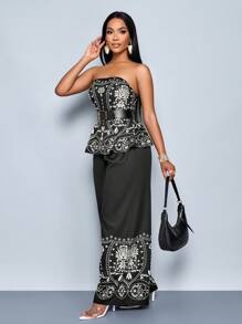 SOLERSUN Women's 2 Pieces Set Bohemian Style Apricot & Black Print Ruffle Hem Tube Top With Wide Leg Pants, Vacation Outfit - Black - View 6