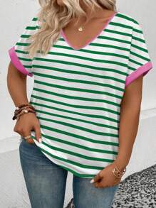 SHEIN EMERY ROSE CURVE Camiseta de manga corta con escote en V y estampado digital, a rayas y de colores, de talla grande para mujer, de estilo casual para primavera/verano