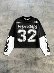 AXEPEAK Men Letter Graphic Print Round Neck Long Sleeve 2 In 1 Casual Jersey T-Shirt, Autumn Streetwear, Fashion, Boyfriend Gift, For Going Out, Summer, Fall - Black - View 3