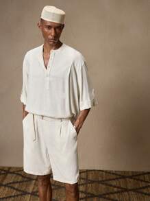 AKNOTIC Business Casual 2 件男士亚麻编织休闲宽松短袖亨利领衬衫和松紧腰直筒短裤套装，适合夏季、度假、日常穿着、派对、情侣装、父亲节礼物 - 米色 - 查看 4