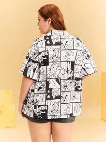 TOM & JERRY X SHEIN Plus Size Casual Cartoon Graphic Button-Front Short Sleeve Blouse Rave Festival/ Rave/Festival/ Rave/ Festival For Women/ Country Concert/ Festival/ Concert/ C Concert Women/ Concert For Women/Rave/Rave Top Summer / Summer For Women/ Summer / Cute Summer Tops Classic Casual Shirt