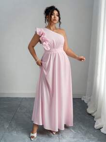 Elenzga Plus Size Women Elegant Asymmetric Floral Decor Shoulder High Cinched Waist Formal Occasion Long Dress, Pink, Spring/Summer - Pink - View 5