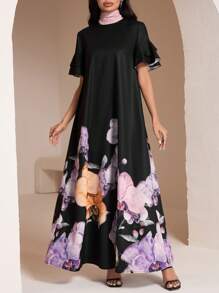 Al Najma Women's Floral Print Round Neck Ruffle Sleeve Elegant Arabian Style Maxi Dress - Multicolor - View 6