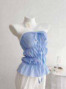 Elamini Top fascia con fiocco decorativo a scacchi blu e bianchi da donna
