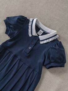 PrepCrw Baby Mädchen Collegestil Polokragen Kleid mit plissiertem Saum - Blau - Übersicht 4