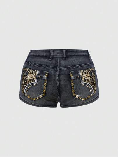 J-Fashion Shorts di jeans casual e versatili da donna con stampa leopardata e tasche