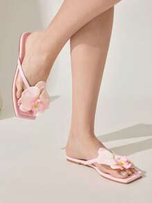 CUCCOO CHICEST Women's Summer New Iris Flower Square Toe Flat Elegant Casual Sweet Light Pink Faux Leather Ladies Flat Sandals Slippers Beach Shoes, Suitable For Afternoon Tea, Dating, Elegant Outfit, Vacation, Beach, Hawaii Island Style