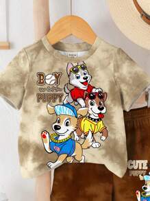 SHEIN 2pcs/Set Baby Boy Casual Cartoon Print Round Neck Short Sleeve T-Shirt And Shorts, Suitable For Summer