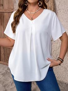 EMERY ROSE Blusa holgada de manga corta con cuello en V y pliegues de talla grande, para looks casuales de día de campo o vacaciones. Simple y de moda para uso diario. Blusas de verano para mujer, outfits de verano para mujer