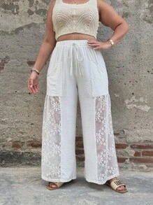 Breezaya Pantalones informales de talla grande con estampado jacquard de unicolor y parches - Blanco - Ver 1