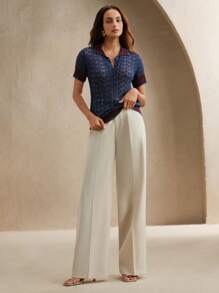 Anewsta 女式撞色条纹 Polo 领镂空针织衬衫 - 彩色 - 查看 7