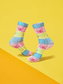 TOM & JERRY X SHEIN 1双卡通老鼠字母印花中筒袜