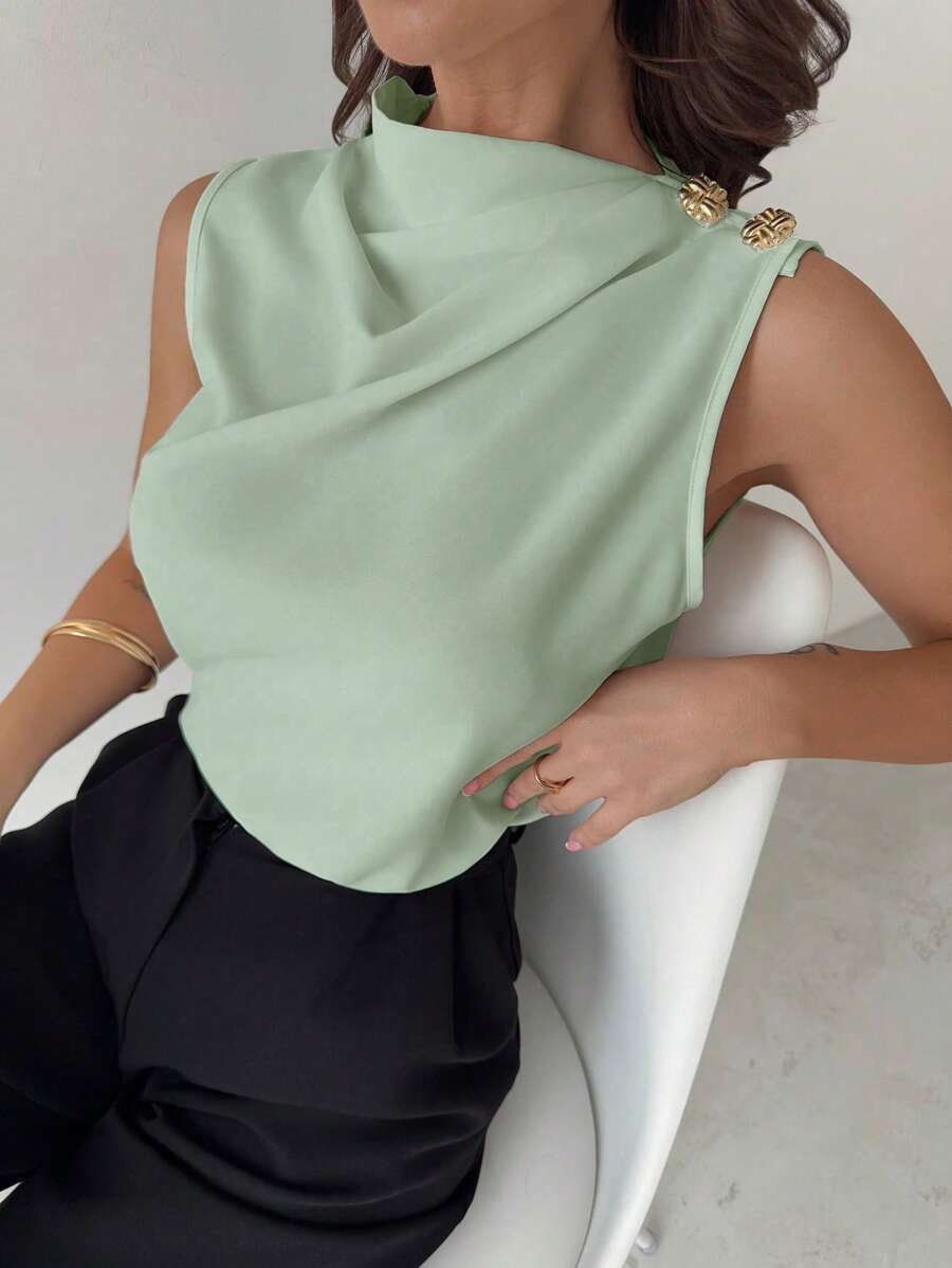 Firerie 复古优雅办公装不对称褶皱领金属纽扣无袖修身白色通勤衬衫，春夏，适合日常、通勤和办公 - 薄荷綠 - 查看 1